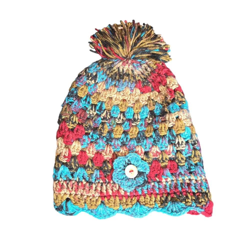 Hand Crafted Red, Gold & Turquoise Flower Accented Pom-Pom Beanie Hat‎ ONE SIZE